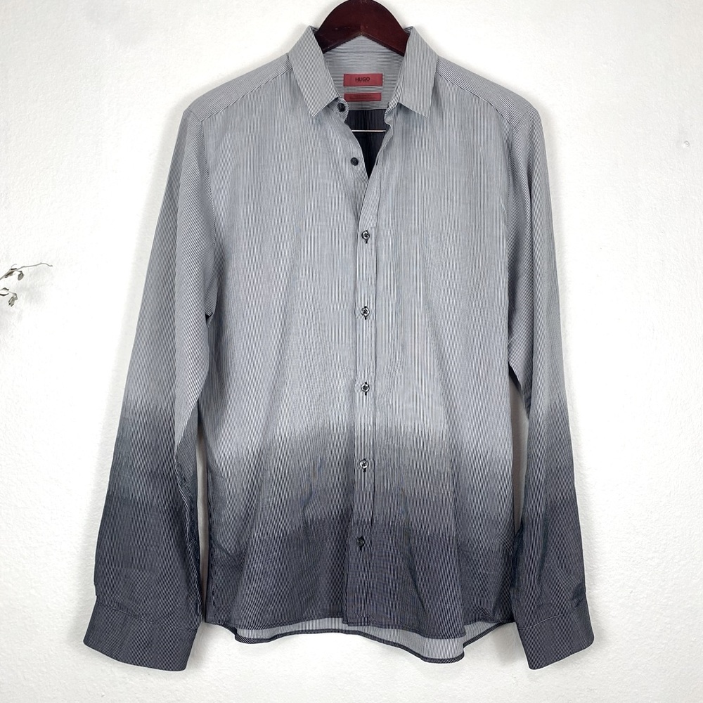 HUGO Hugo Boss Mens Black White Ombré Extra Slim Button Up Shirt Medium